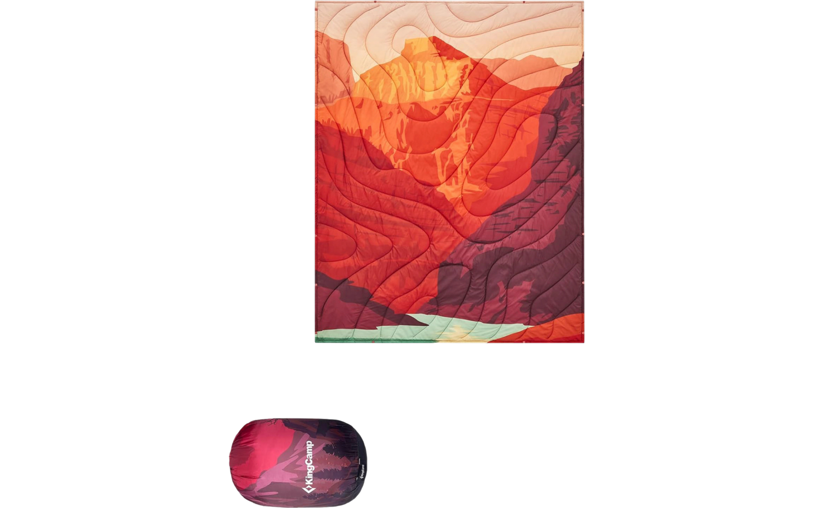 Gemälde einer rot-orangenen Gebirgslandschaft mit verschiedenen Bergschichten und einem kleinen Grünton am unteren Rand