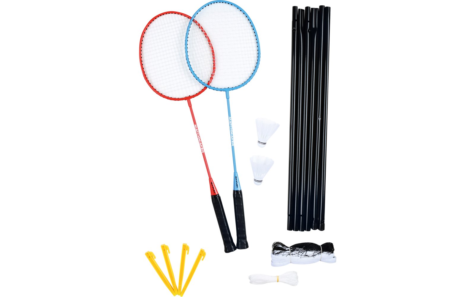 Badminton-Set mit zwei Schlägern, mehreren gelben Federbällen, einem Paar Brille und schwarzen Stangen