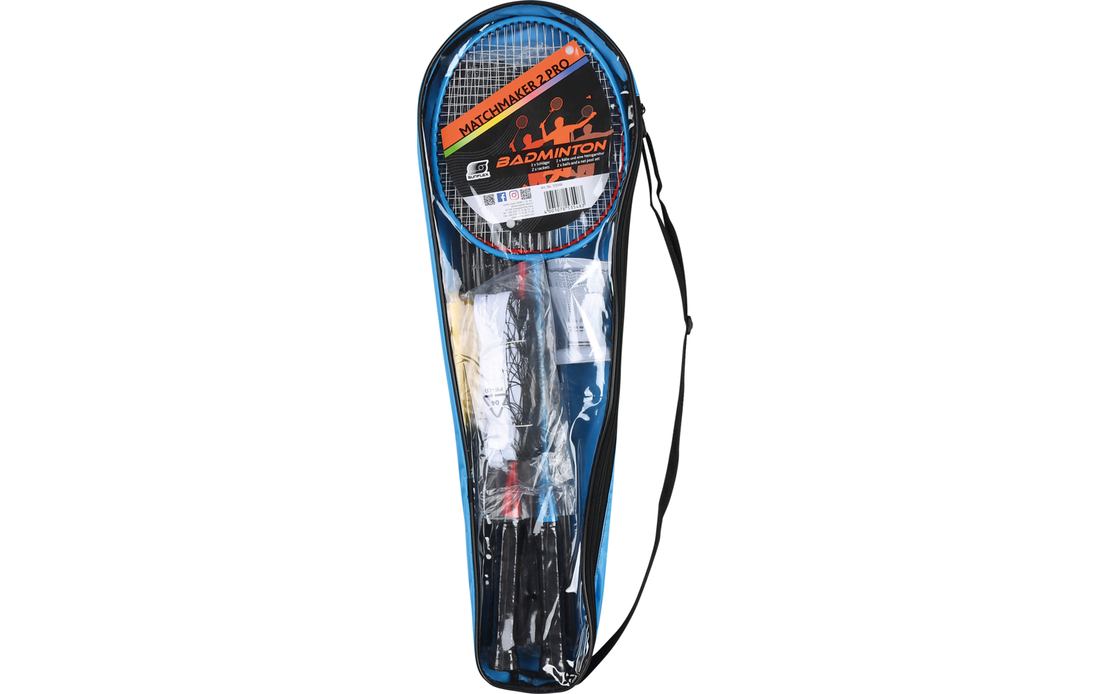 Ein schwarz-blauer Tennisschläger in einer transparenten Hülle mit schwarzem Tragegurt