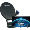 Satellitenschüssel mit 'Oyster'-Logo und LNB, daneben Flachbildfernseher mit 'Oyster SMART TV'-Bild und Fernbedienung