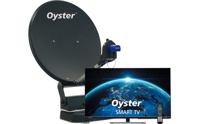 Satellitenschüssel mit 'Oyster'-Logo und LNB, daneben Flachbildfernseher mit 'Oyster SMART TV'-Bild und Fernbedienung