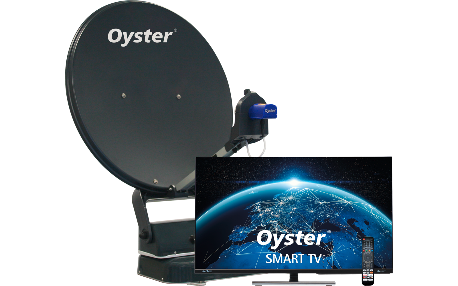 Satellitenschüssel mit 'Oyster'-Logo und LNB, daneben Flachbildfernseher mit 'Oyster SMART TV'-Bild und Fernbedienung