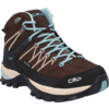 Brauner knöchelhoher Wanderstiefel mit hellblauen Schnürsenkeln, schwarzer Zehenkappe, grober Profilsohle und sichtbarem CMP-Logo