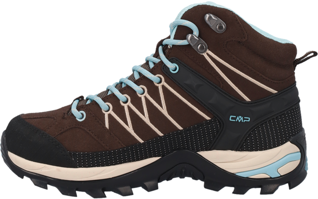 Brauner hoher Schuh mit hellblauen Schnürsenkeln, schwarzer Zehenkappe, hellbeiger Sohle und 'CMP' Schriftzug an der Seite, Seitenansicht