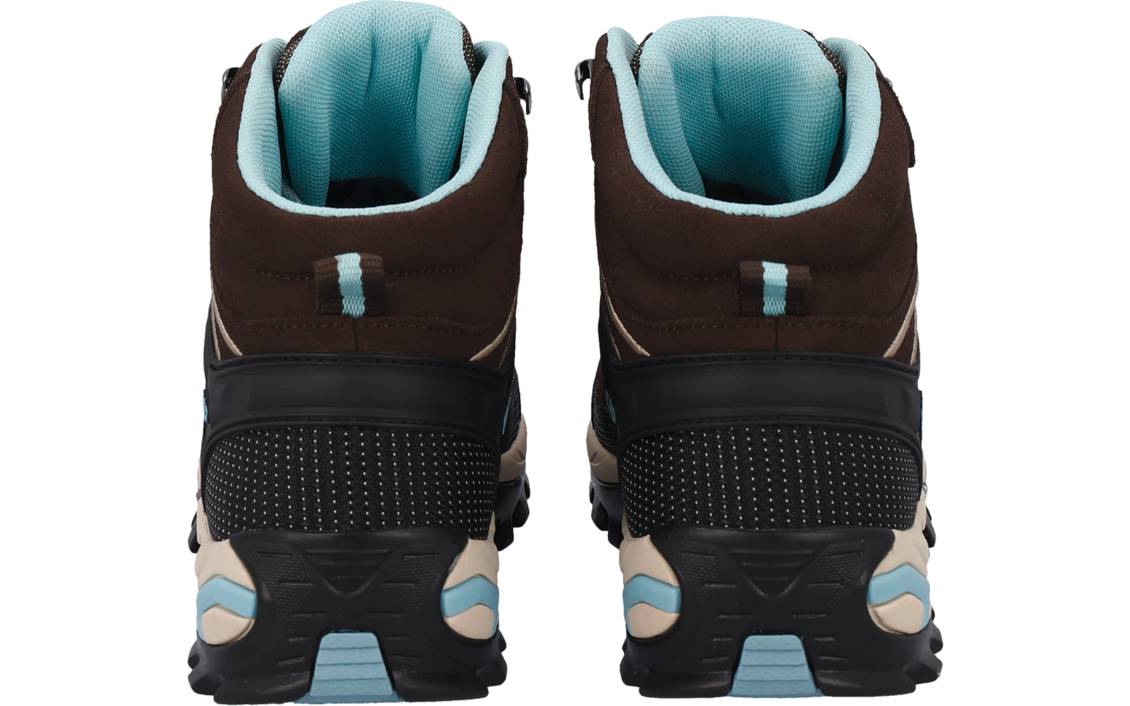 Rückansicht eines braunen Stiefelpaares mit hellblauem Innenfutter und schwarzen Sohlen