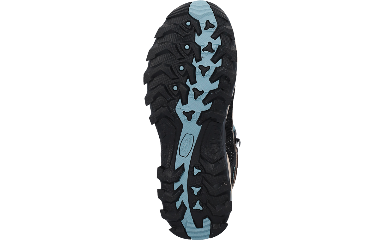 Schuhsohle, schwarz und hellblau, grobes Profil mit Stollen
