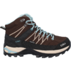 Brauner, knöchelhoher Wanderschuh mit hellblauen Schnürsenkeln, schwarzer profilierter Sohle, CMP-Logo und Aufschrift 'waterproof'