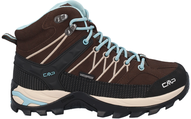 Brauner, knöchelhoher Wanderschuh mit hellblauen Schnürsenkeln, schwarzer profilierter Sohle, CMP-Logo und Aufschrift 'waterproof'