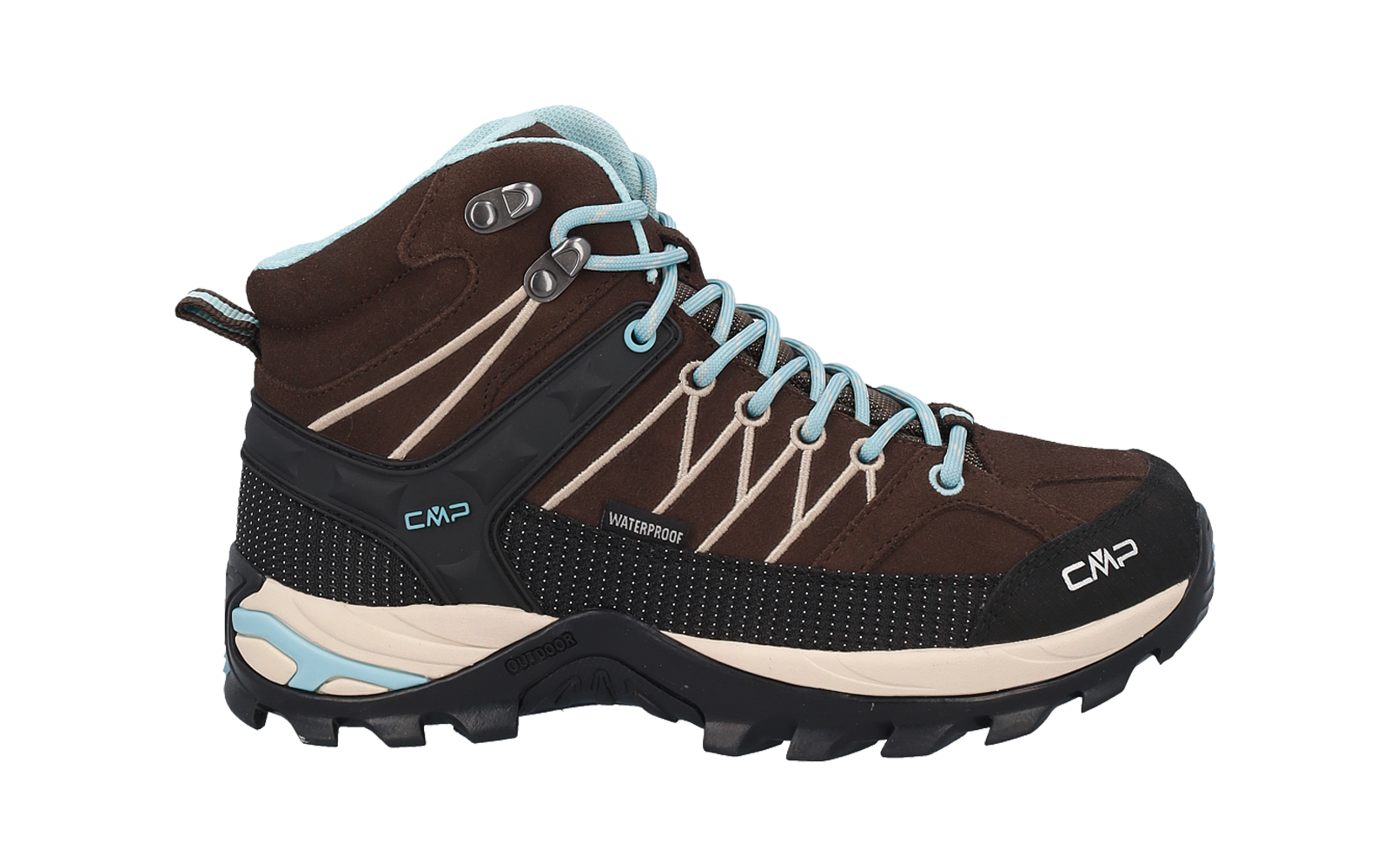 Brauner, knöchelhoher Wanderschuh mit hellblauen Schnürsenkeln, schwarzer profilierter Sohle, CMP-Logo und Aufschrift 'waterproof'