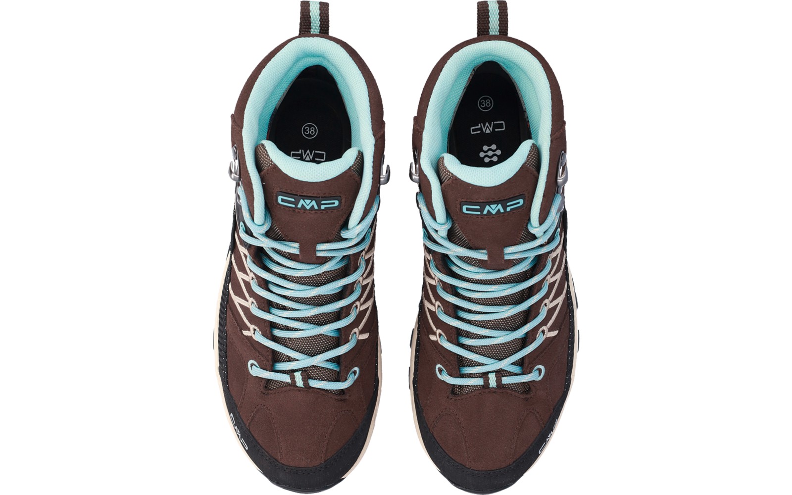 Draufsicht auf zwei braune Schuhe mit hellblauen Schnürsenkeln und Innenfutter, Markenlogo "CMP" auf den Zungen