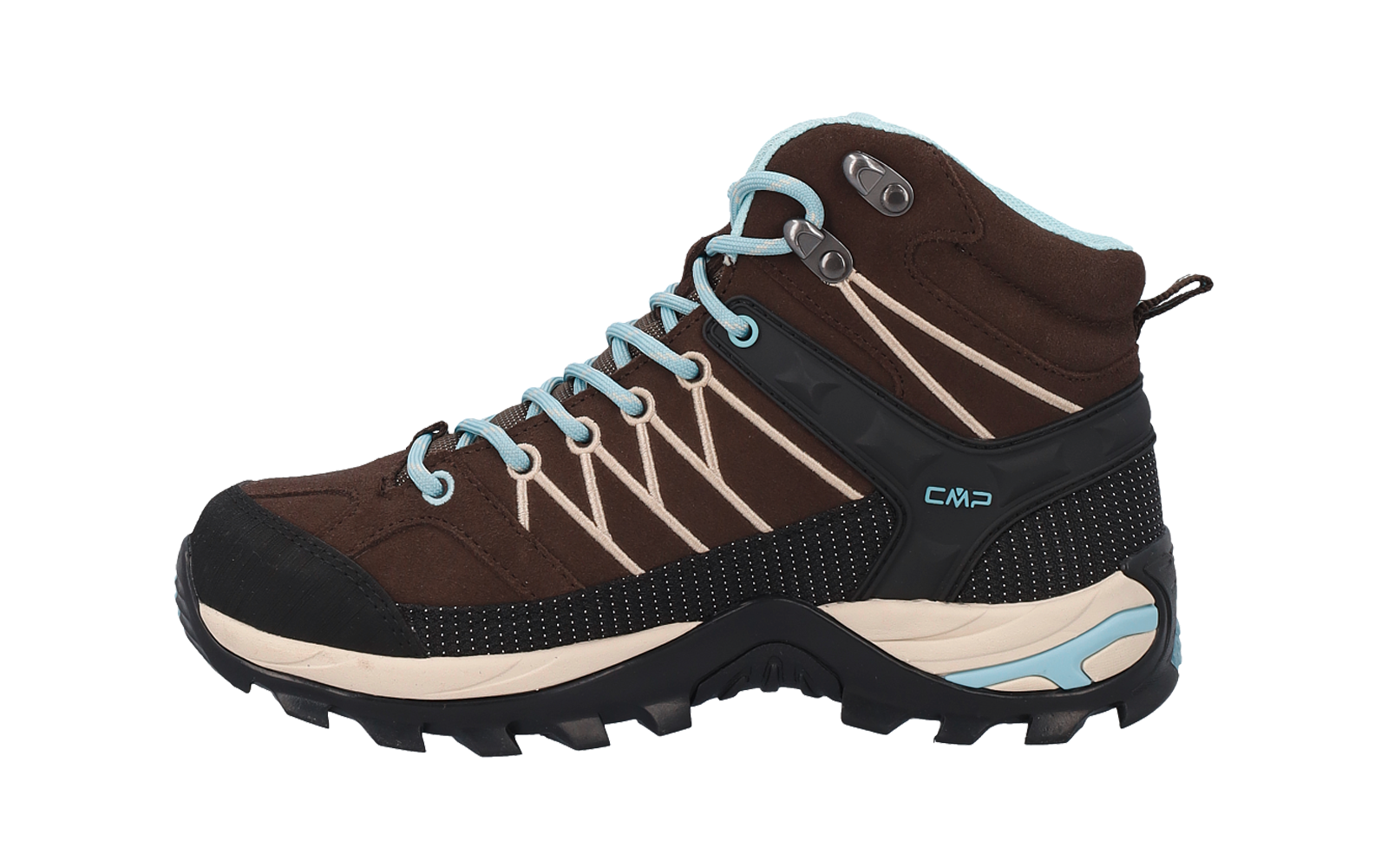 Brauner hoher Schuh mit hellblauen Schnürsenkeln, schwarzer Zehenkappe, hellbeiger Sohle und 'CMP' Schriftzug an der Seite, Seitenansicht