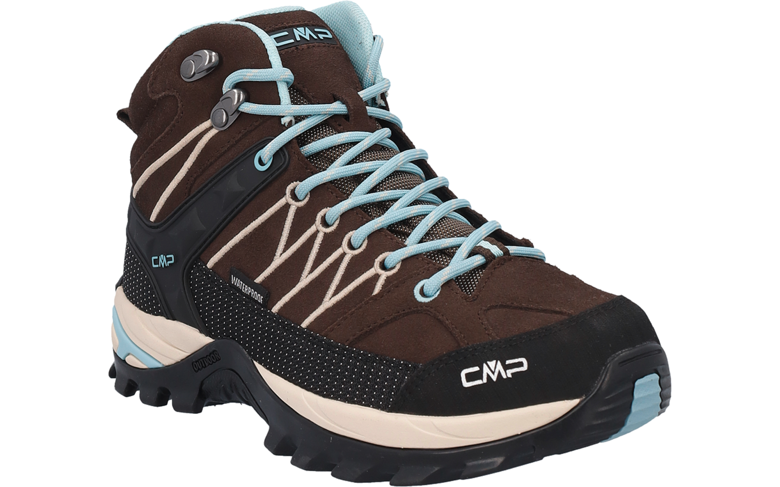 Brauner knöchelhoher Wanderstiefel mit hellblauen Schnürsenkeln, schwarzer Zehenkappe, grober Profilsohle und sichtbarem CMP-Logo
