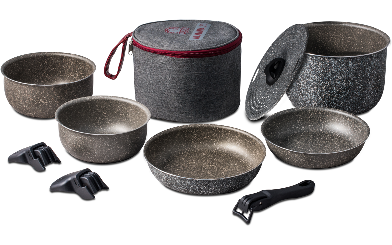Topf-Set mit mehreren Töpfen, Pfannen und Griffen, dazu eine Aufbewahrungstasche