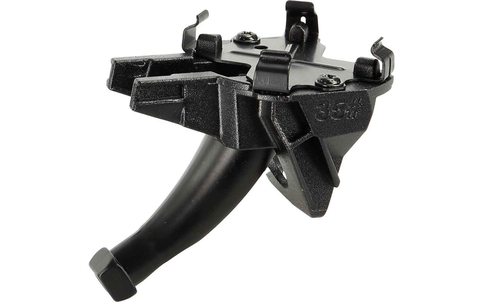 Schwarzes Bauteil mit gebogenem Rohr, dreieckiger Halterung, sichtbaren Schrauben und Metallklammern, auf weißem Hintergrund