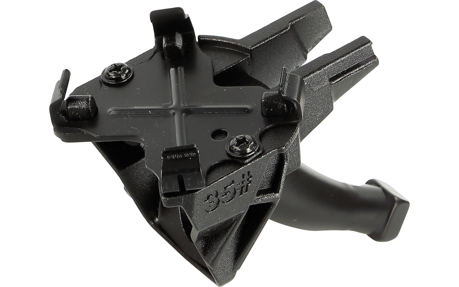 Schwarzes Kunststoffteil mit dreieckiger Grundform, Kreuzprägung auf der Oberseite, zwei sichtbaren Metallschrauben, drei aufgesetzten Laschen, eingeprägter Zahl '35#' an der Seite und abgewinkeltem Stift