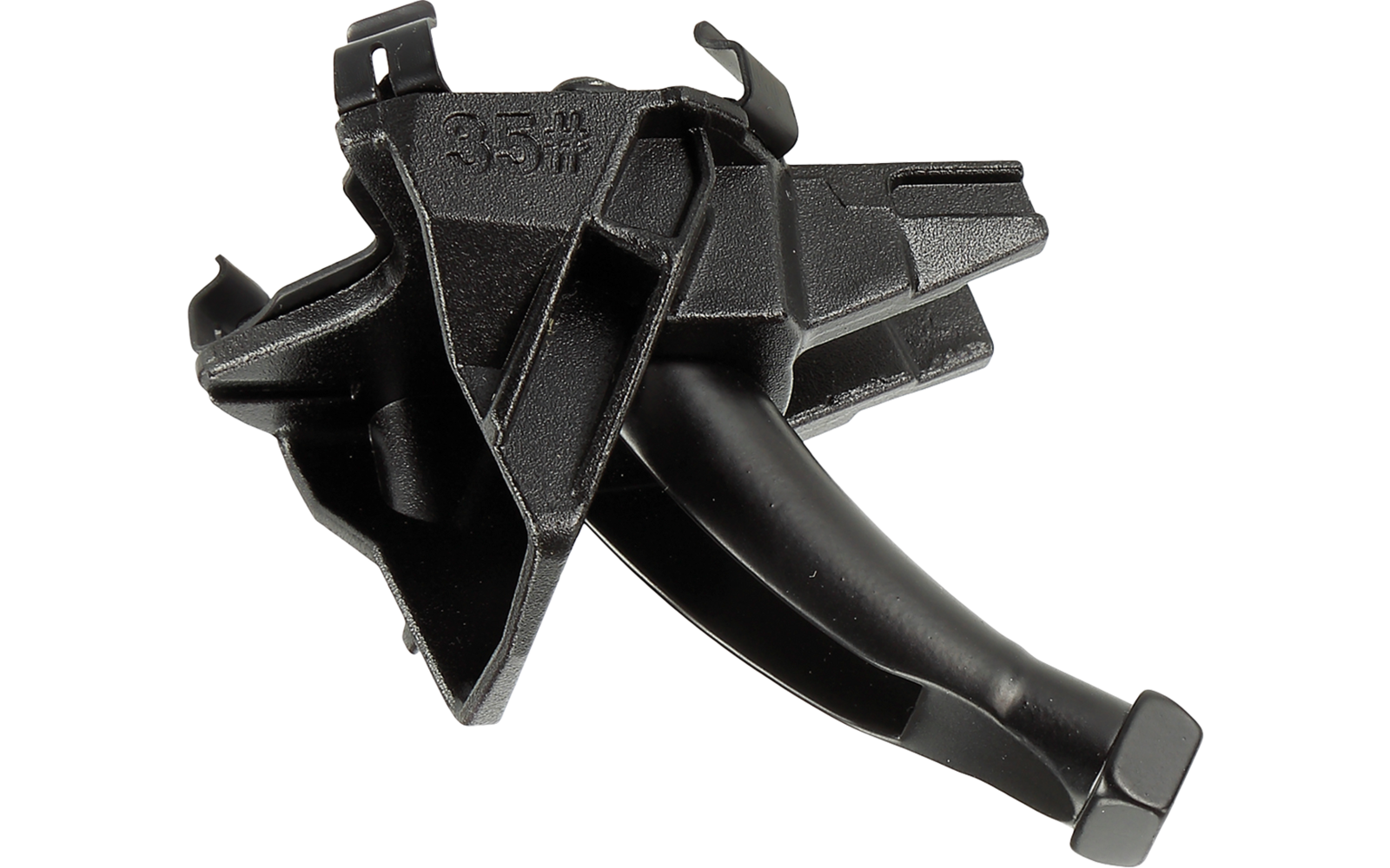 Schwarzes Kunststoffteil mit dreieckiger Struktur, eingeprägter Zahl 35# und gebogenem Haken