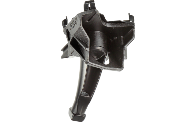 Schwarzes Kunststoffteil mit langem Schaft, eckiger offener Aufnahme, mehreren Clips und Aussparungen, matte Oberfläche