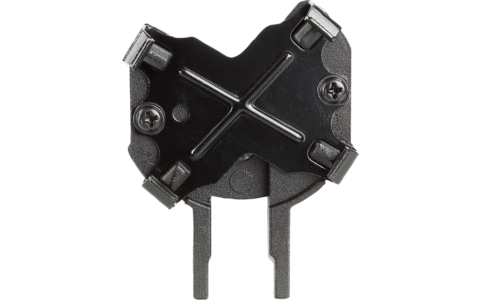 Schwarzes Kunststoffgehäuse mit X-förmiger Vertiefung, vier Metallkontakte an den Ecken, zwei parallele Metallstifte unten und zwei sichtbare Schrauben