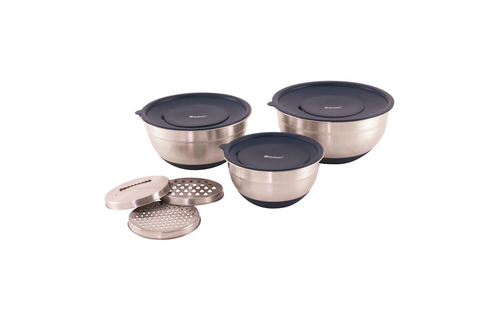 Drei Edelstahlschüsseln mit dicht schließenden Kunststoffdeckeln und zwei verschiedenen Einsätzen