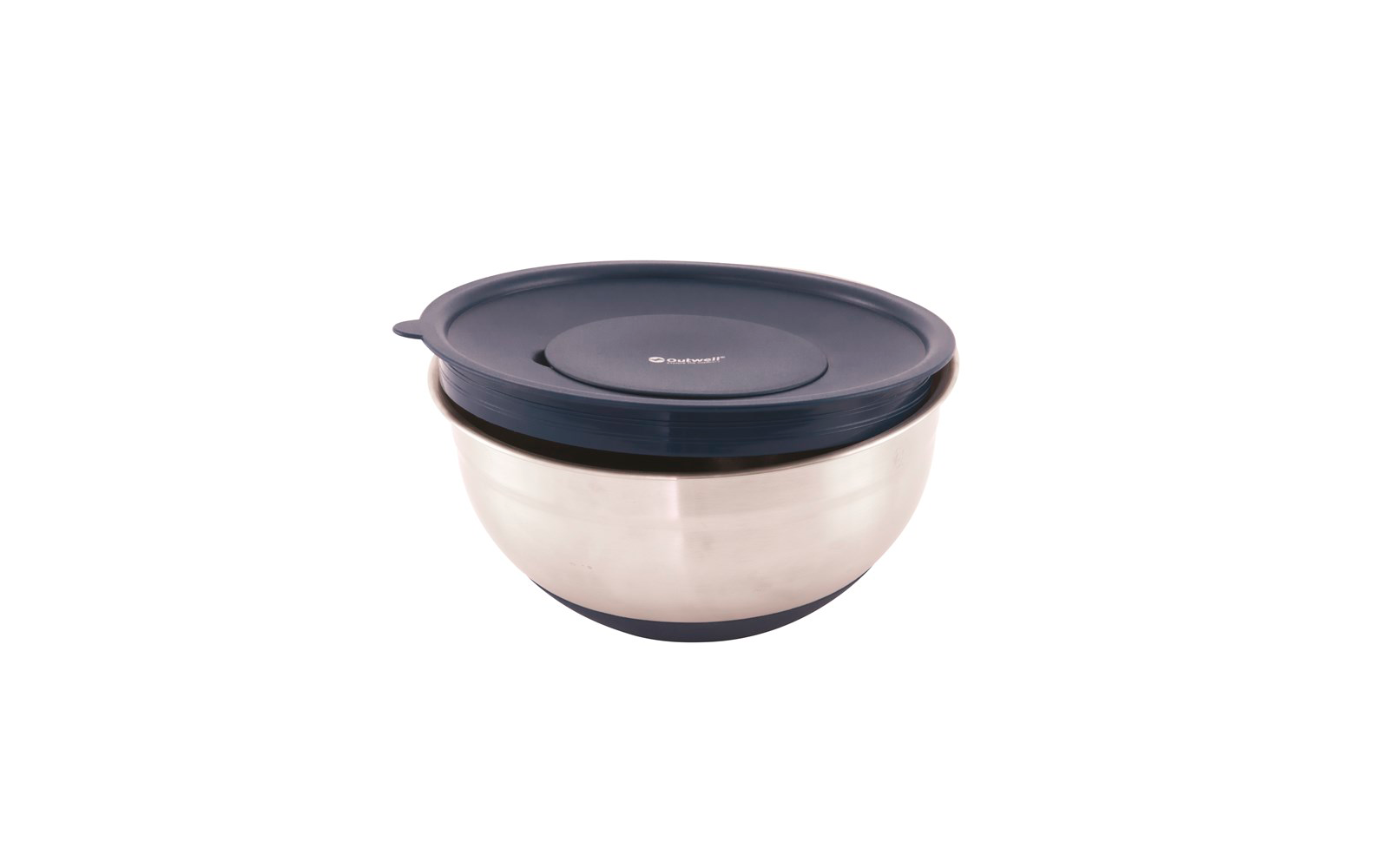 Runde Edelstahlschüssel mit dunkelblauem Kunststoffdeckel