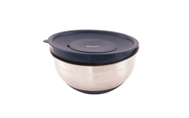 Runde Edelstahlschüssel mit dunkelblauem Kunststoffdeckel