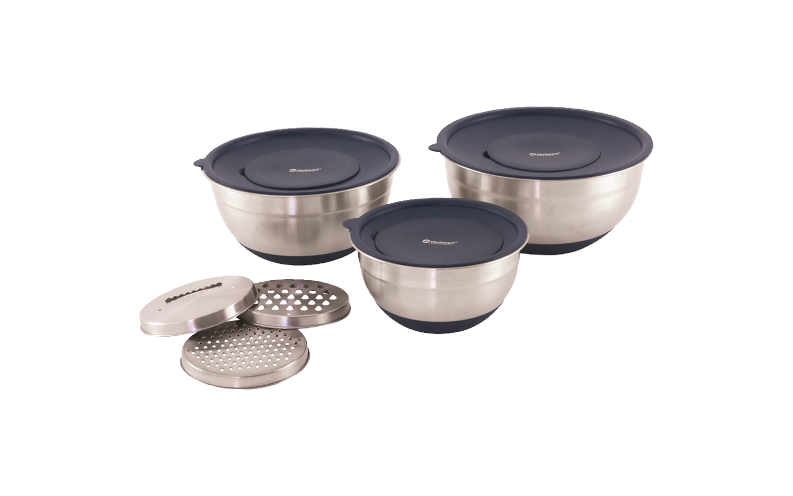 Drei Edelstahlschüsseln mit schwarzen Kunststoffdeckeln und zwei zusätzlichen Einsatzplatten
