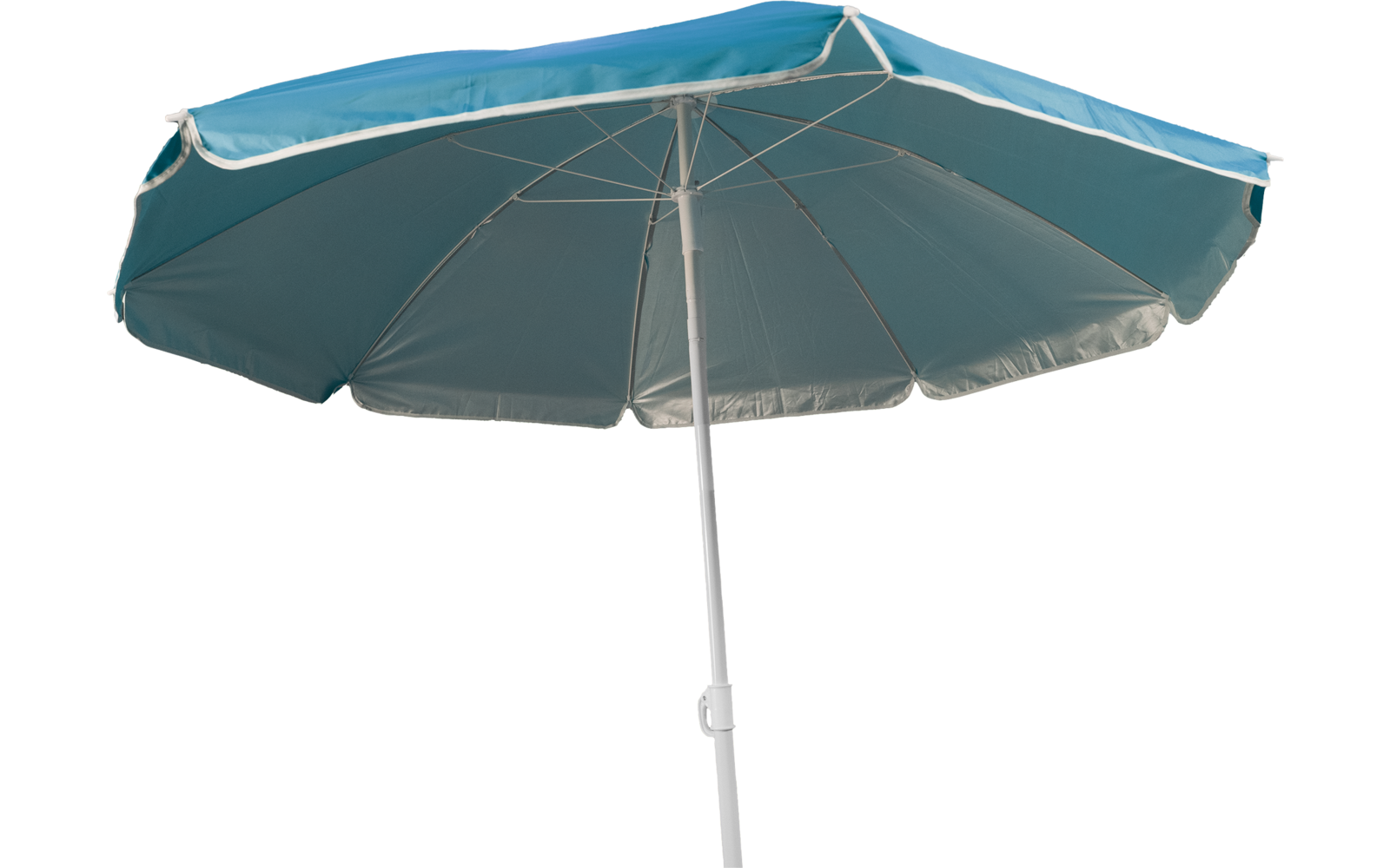 Aufgespannter blauer Sonnenschirm mit sichtbarem Mittelstiel und Metallstreben