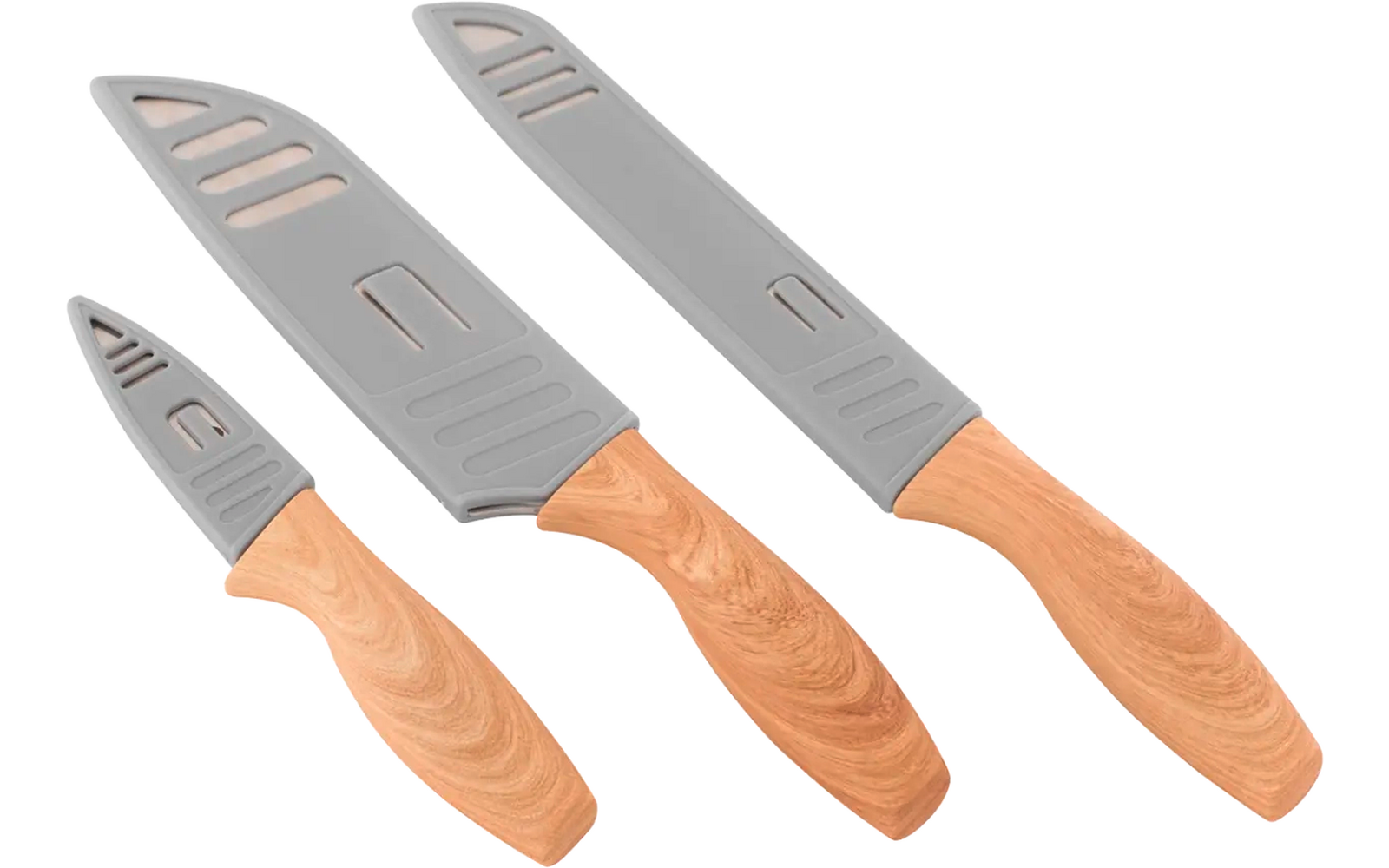 Drie keukenmessen met roestvrijstalen lemmeten en houten handgrepen