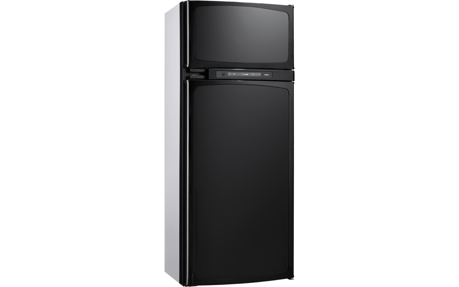 Schwarzer Kühlschrank mit zwei Türen, Gefrierfach oben und glänzenden Fronten