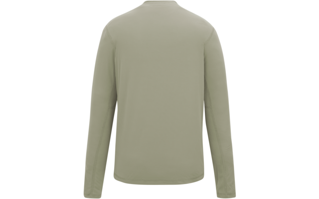 Rückansicht eines hellolivfarbenen Langarmshirts mit Rundhalsausschnitt und sichtbaren Nähten