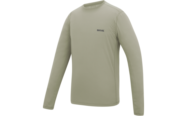 Olivgrünes Langarmshirt mit Rundhalsausschnitt und kleinem dunklem Logo auf der linken Brust vor weißem Hintergrund