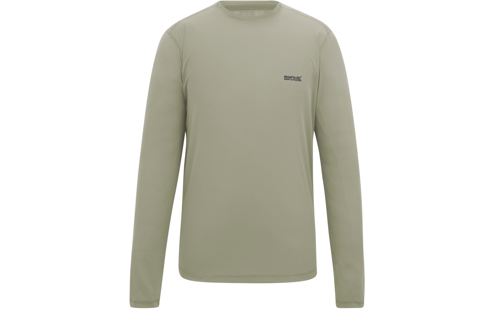 Hellolivgrünes langärmeliges Rundhalsshirt mit kleinem dunklem Logo auf der linken Brust, Vorderansicht vor weißem Hintergrund