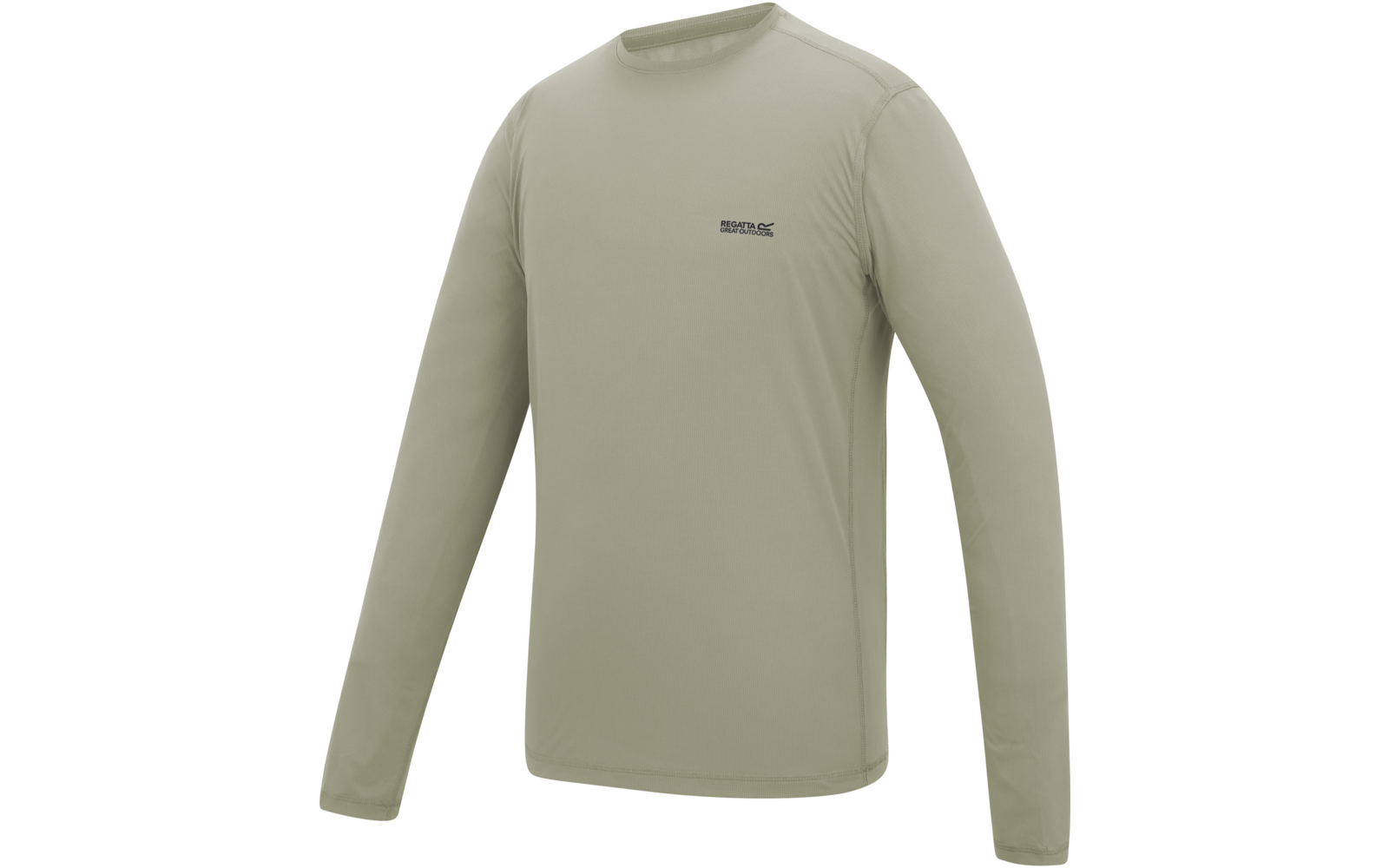 Olivgrünes Langarmshirt mit Rundhalsausschnitt und kleinem dunklem Logo auf der linken Brust vor weißem Hintergrund