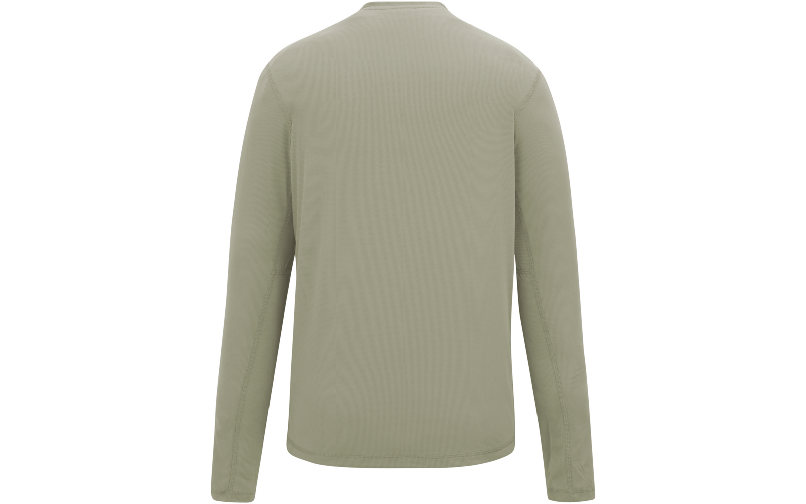 Rückansicht eines hellolivfarbenen Langarmshirts mit Rundhalsausschnitt und sichtbaren Nähten