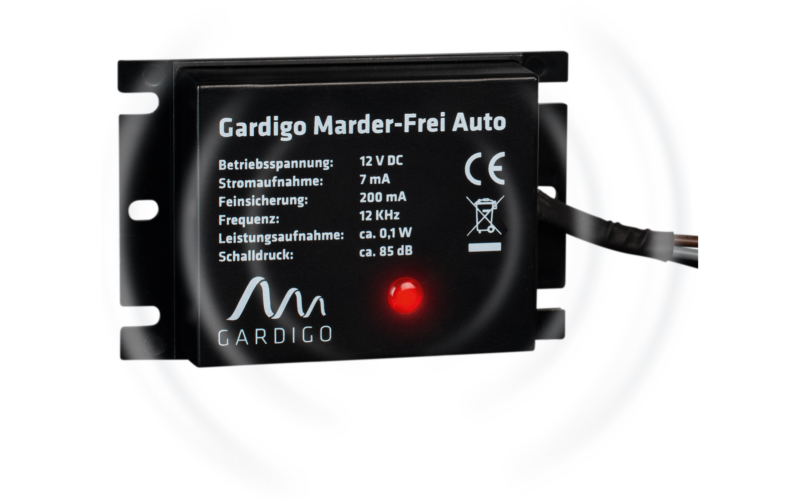Schwarzes elektronisches Gerät mit Kabeln, mit Aufschrift und Logos