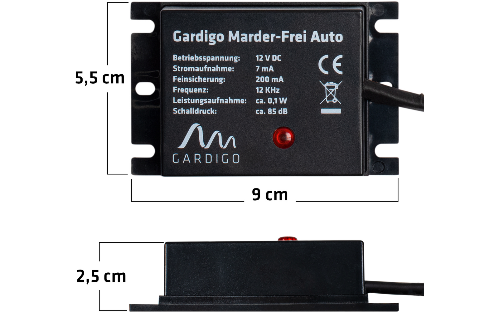 Schwarzes elektronisches Modul mit Aufschrift Cardigo Marder-Frei Auto, Maße 9 cm mal 5,5 cm mal 2,5 cm