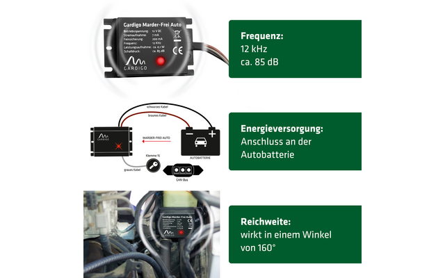 Diagramm zeigt einen Frequenzmessgerät mit 12 kHz bei 85 dB, Energieversorgung über Autobatterie und ein Bild eines Kabels, das in einem Winkel von 60 Grad verlegt wird