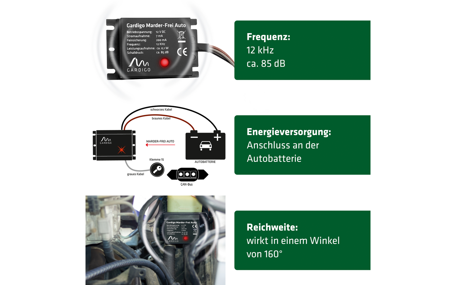 Diagramm zeigt einen Frequenzmessgerät mit 12 kHz bei 85 dB, Energieversorgung über Autobatterie und ein Bild eines Kabels, das in einem Winkel von 60 Grad verlegt wird