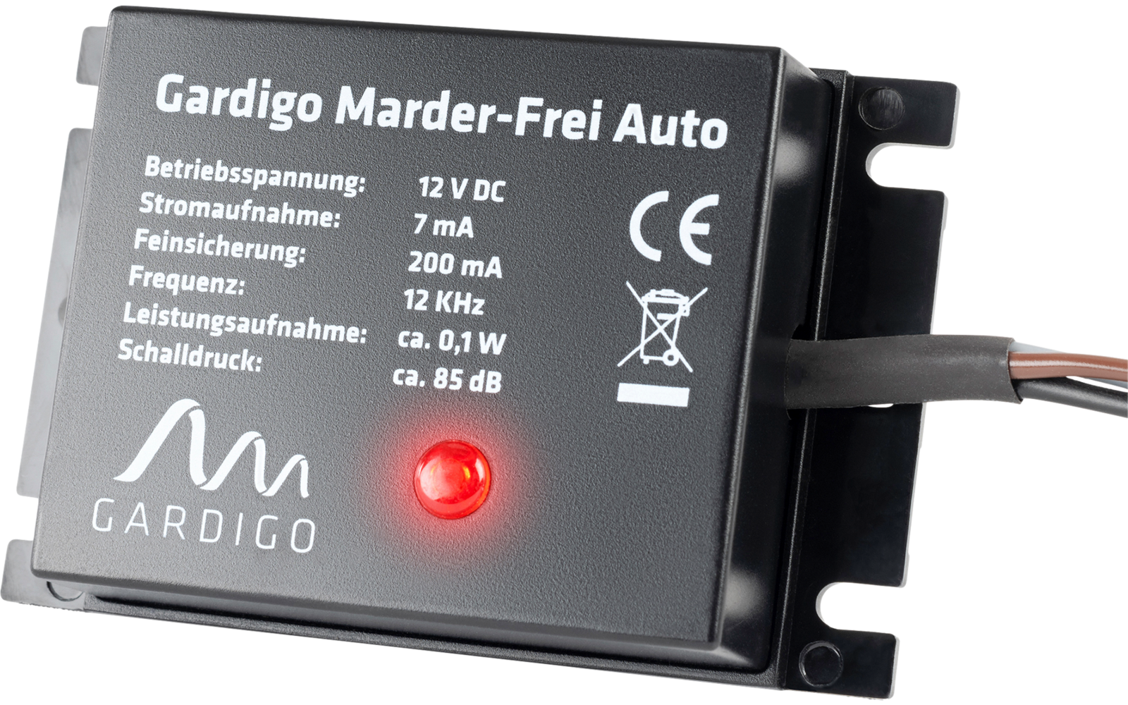Elektronisches Gerät mit roter LED-Anzeige und Textinformationen auf schwarzem Gehäuse