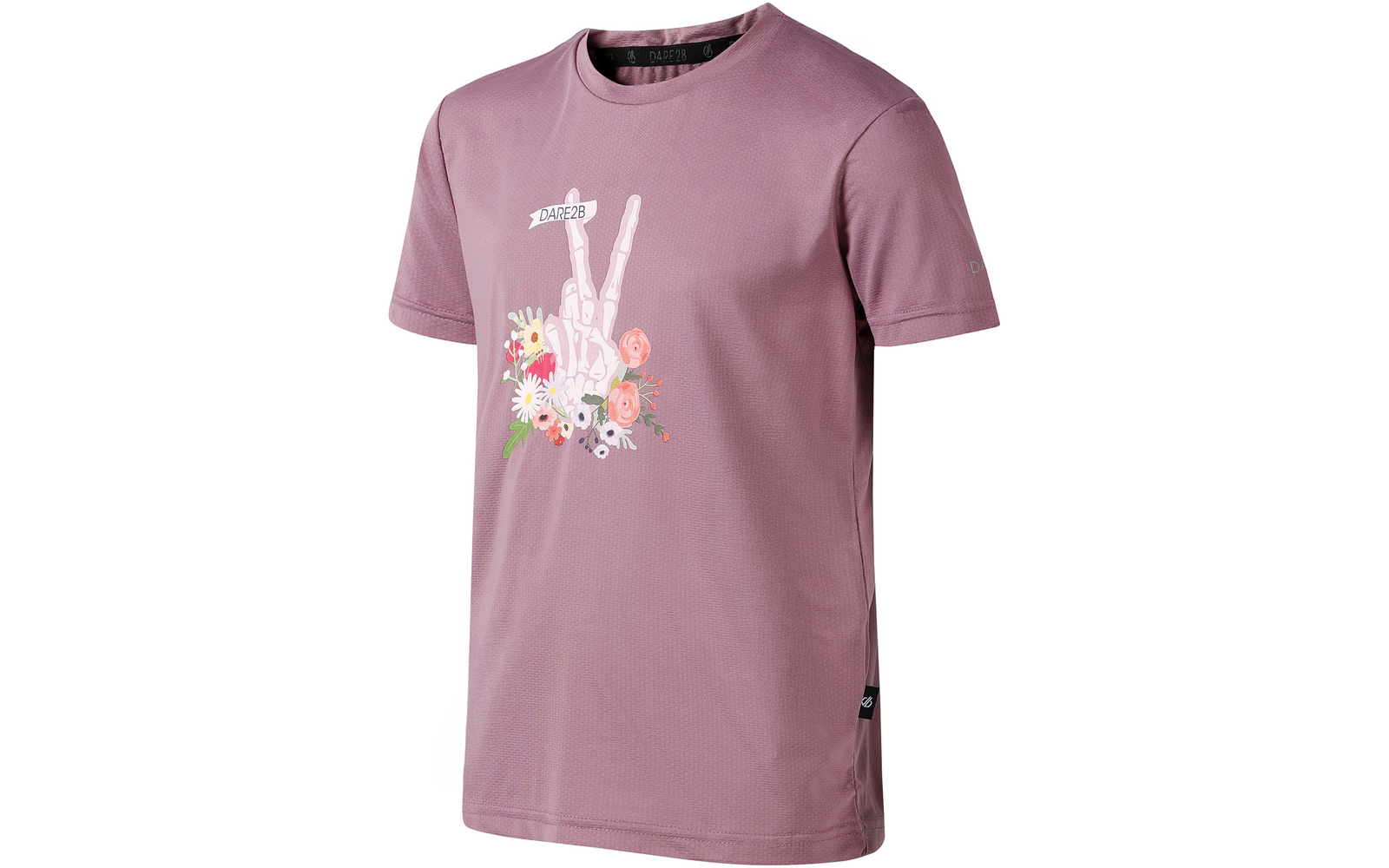 Rosafarbenes Kurzarm-T-Shirt mit Rundhalsausschnitt; Vorderseite zeigt eine gezeichnete Hand mit zwei erhobenen Fingern, umgeben von Blumen; kleines schwarzes Seitenetikett