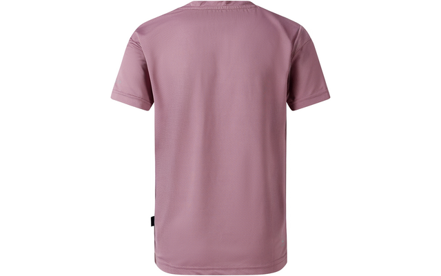 Rückenansicht eines kurzärmeligen T-Shirts in rosé, Rundhals, einfarbig, feine Stoffstruktur, kleines schwarzes Seitenetikett am linken Saum