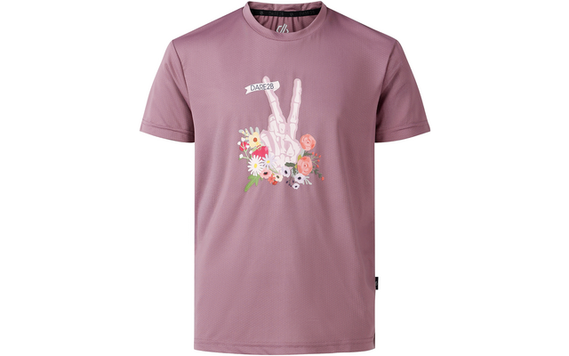 Rosa-violettes kurzärmeliges T‑Shirt mit Rundhalsausschnitt, mittige Druckgrafik: weiße Skelett-Hand mit zwei erhobenen Fingern, umgeben von bunten Blumen und grünen Blättern, kleines weißes Banner mit schwarzer Schrift