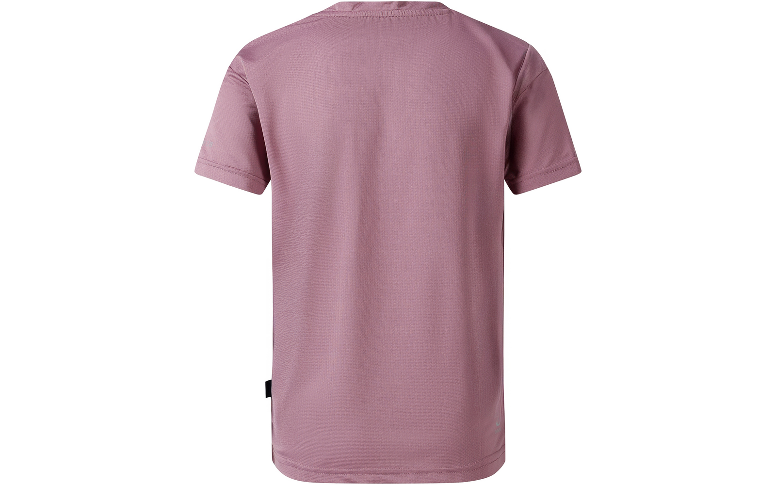 Rückenansicht eines kurzärmeligen T-Shirts in rosé, Rundhals, einfarbig, feine Stoffstruktur, kleines schwarzes Seitenetikett am linken Saum