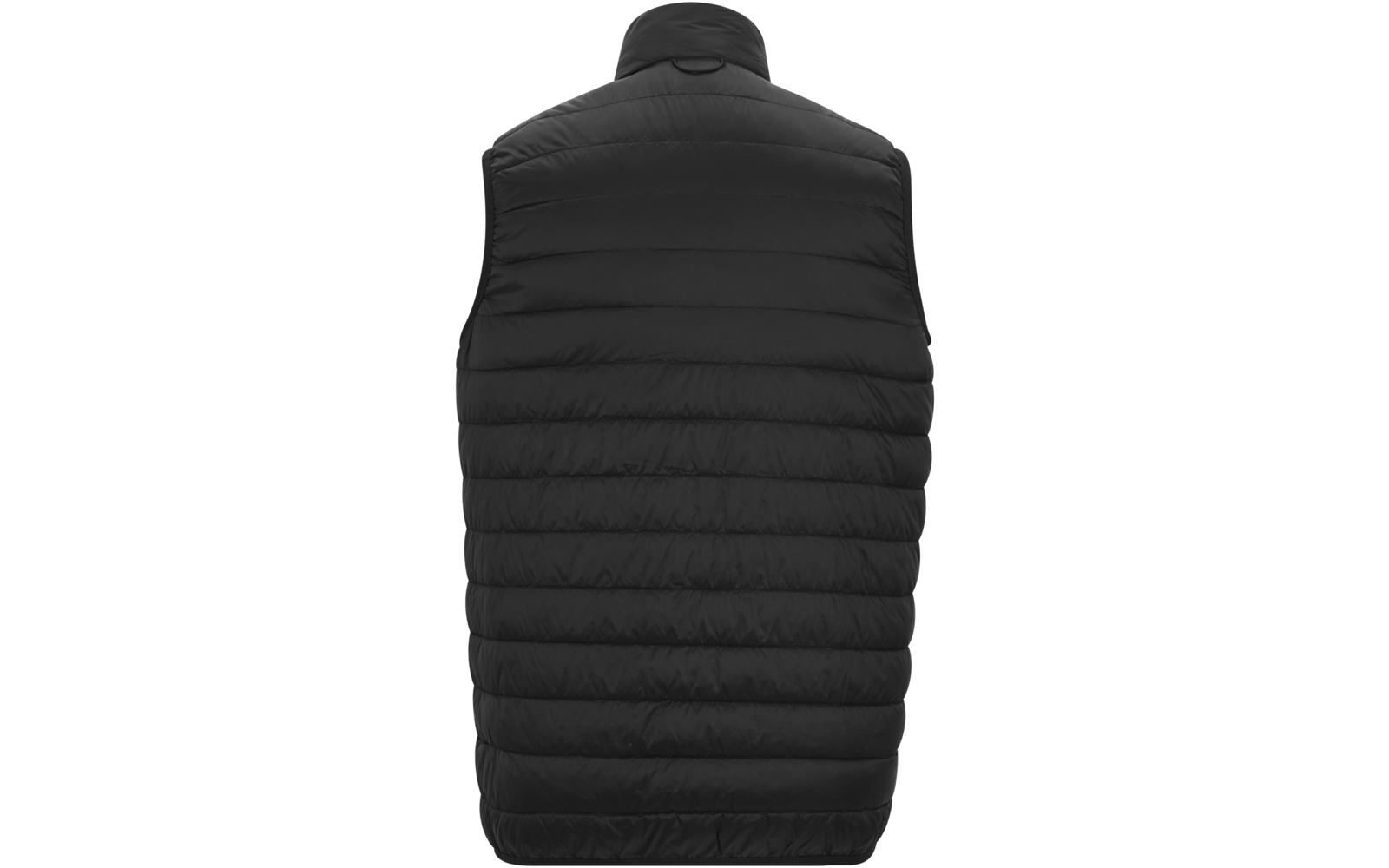 Schwarze Steppweste, Rückenansicht, Stehkragen, horizontale Steppnähte