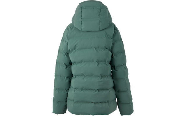Grüne Daunenjacke mit Kapuze von hinten
