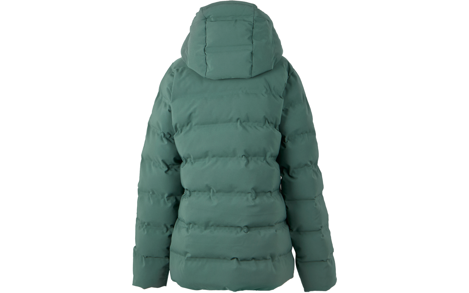 Grüne Daunenjacke mit Kapuze von hinten