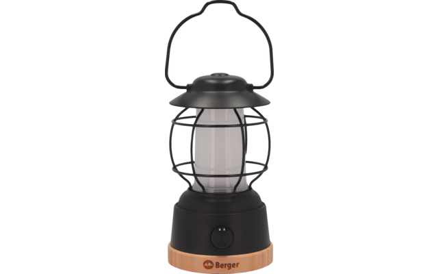 Lanterne de camping noire avec poignée en métal et base marron
