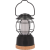 Petite lanterne noire avec verre rond et base en bois