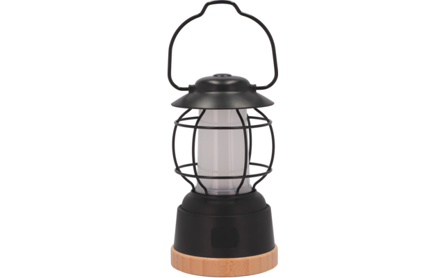 Petite lanterne noire avec verre rond et base en bois