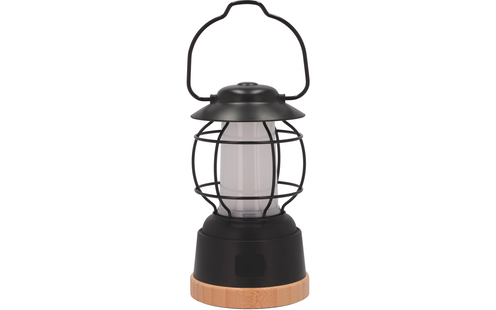 Petite lanterne noire avec verre rond et base en bois